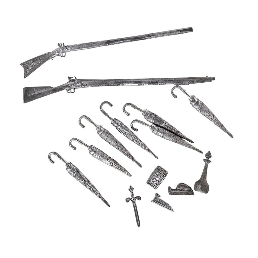 Pewter Dollhouse Miniatures Set Rifle Umbrella Calculator Dagger & More